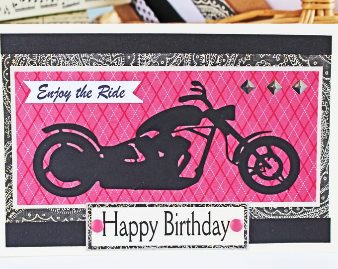 Pink Motorcycle Card, Enjoy the Ride, Birthday Card, Mother's Day Card, Handmade Greeting, Lady Biker Chick, Congrats, Female Motorcyclist