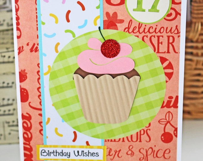 Custom Cupcake Birthday Card for Any Age - Colorful, Glitter, Cherry, Cupcake, Birthday, Handmade, Card, Sweets, Dessert, Personalized, cake