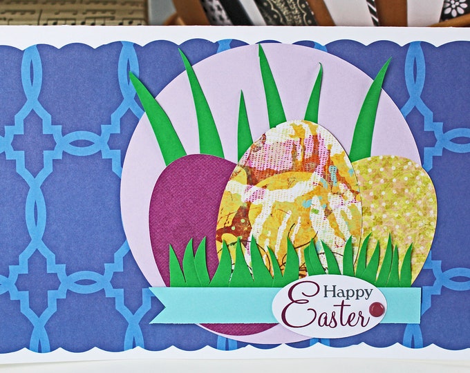 Happy Easter Egg Card, Die Cut Eggs in Grass, Easter Sunday, Easter Egg Hunt, Hand Made Greeting, Colorful Egg Card, Handmade Easter Card