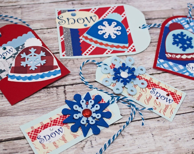 Assorted Winter Hat Gift Tags, Handmade Gift Tag Set, Holiday Hang Tag, Snowflake Gift Wrap Embellishment, Ski Snowboard Kids Teens Adults