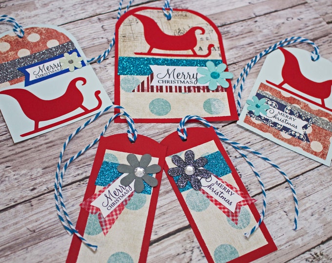 Christmas Sleigh Gift Tags, Set of 5 Tags, Handmade Gift Tags, Christmas Gift Tags, Holiday Gift Tags, Sleigh Gift Tag, Gift Tag, Christmas