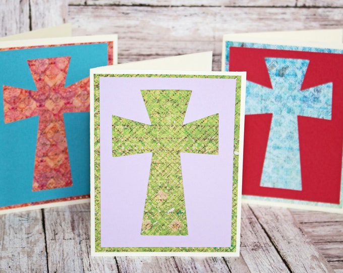 Holy Cross Card Set, Set of 3 Cards, Jesus Christ Cross, Handmade Greeting, Colorful Crosses, Religious Stationary, Note Cards, Any Occasion