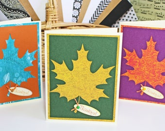 Set of 3, Fall Leaf Card Set, Thanksgiving Leaf Card Set, Thankful Card Set, Colorful Fall Leaf Cards, Handmade Cards, Thanksgiving, Harvest