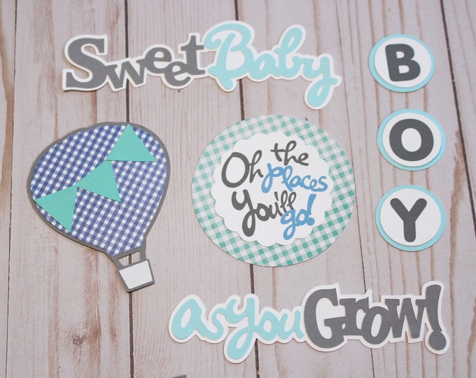 Baby Boy Die Cut Set, Set of 8 Layered Die Cuts, Scrapbook Embellishment, Hot Air Balloon, Baby Book, Handmade, Newborn Boy Aviation Theme