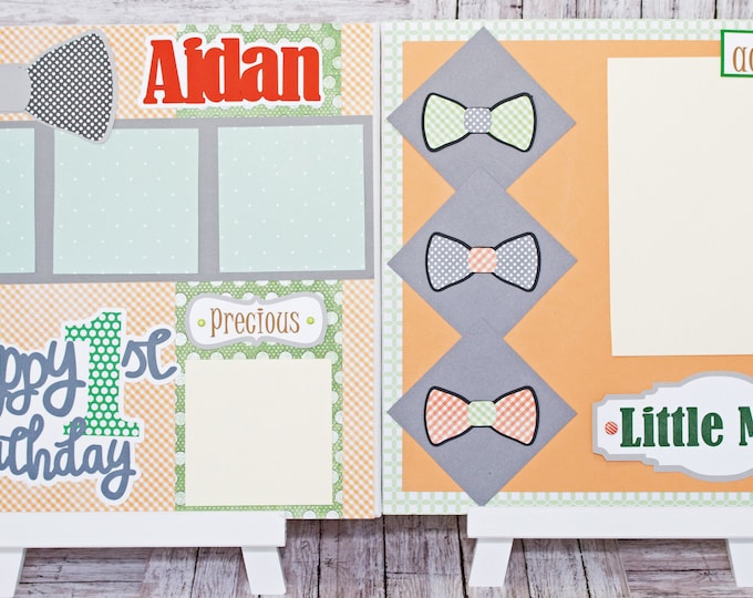 Any Birthday Year, Any Color, Handmade Scrapbook Page Set, Little Man Bow Tie, Custom Premade Kit, Personlized Memory Book, Child, Baby Boy