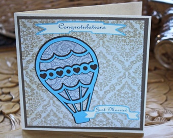 Custom Colors, Vintage Balloon Wedding Card, Handmade Wedding Card, Hot Air Balloons, Wedding Congratulations Card, Just Married Greeting