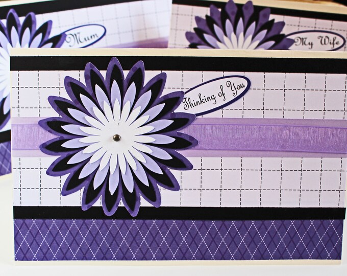 Custom Message, Chrysanthemum Card, Birthday Greeting, Mother's Day, Flower Mum Layers, Handmade Card, Floral Card for Her, Purple and Black