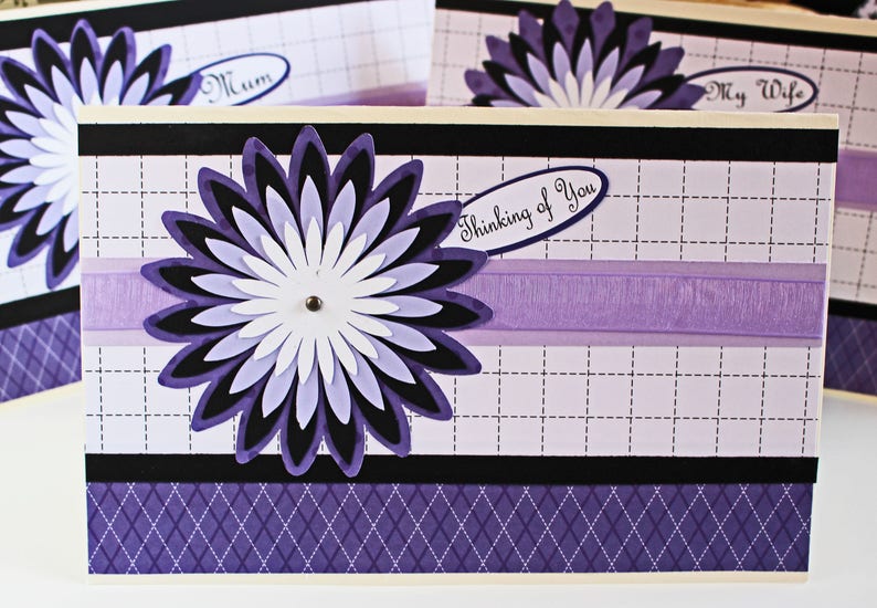 Custom Message, Chrysanthemum Card, Birthday Greeting, Mother's Day, Flower Mum Layers, Handmade Card, Floral Card for Her, Purple and Black image 1