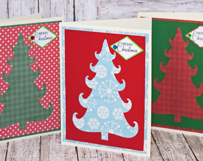 Set of 3, Christmas Tree Cards, Christmas Tree Cutouts, Handmade Greeting Cards, Christmas Greetings, Christmas Card Set, Pattern Tree Card