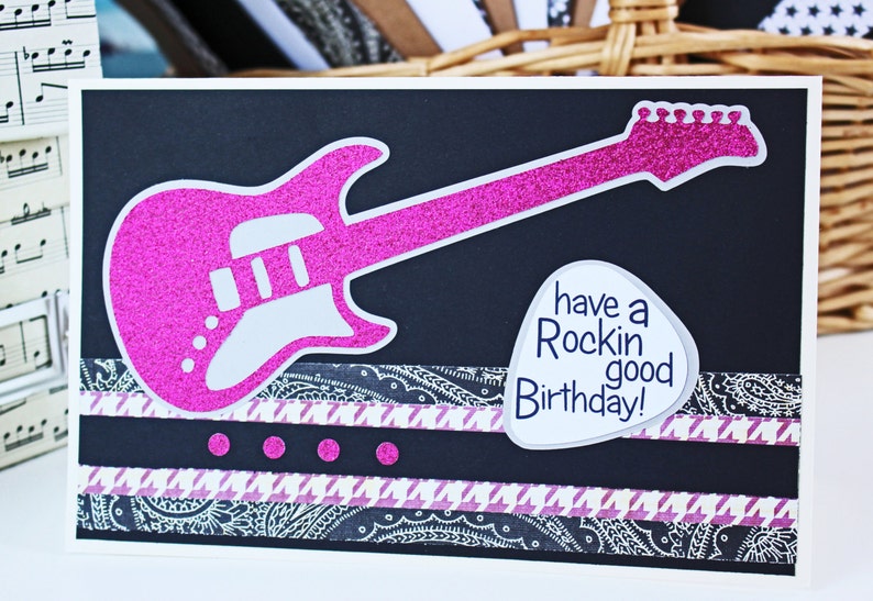Pink Guitar Birthday Card Feminine Electric Guitar Rock n image 1
