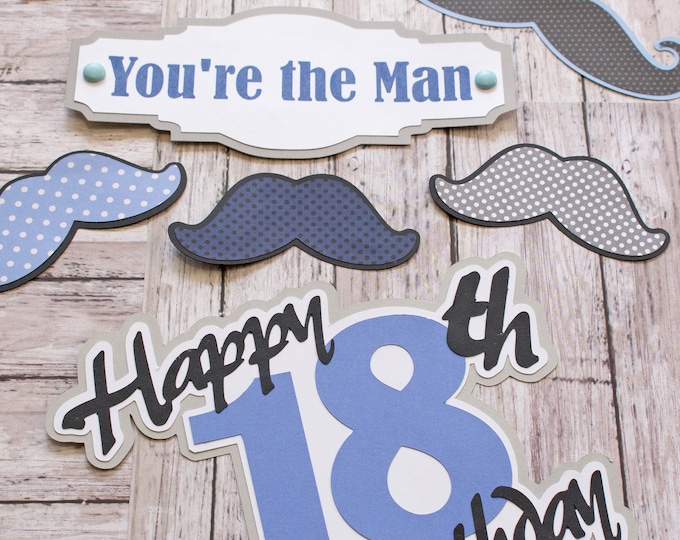 Any Colors, Any Birthday Year, Set of 6, Layered Die Cuts, Scrapbook Embellishment, You're the Man, Handmade Mustache Diecut, Men's Birthday