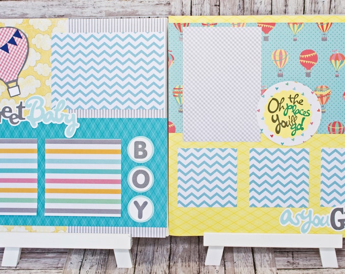 Handmade Scrapbook Page Set, Baby Boy, Custom Premade Kit, Personlized Memory Book, Hot Air Balloon, Colorful Baby Boy Theme, Baby Shower