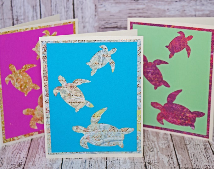 Set of 3, Sea Turtle Note Cards, Sea Turtle Card Set, Handmade Sea Turtle Card, Sea Turtle Thank You, Sea Turtle Birthday, Handmade Card Set