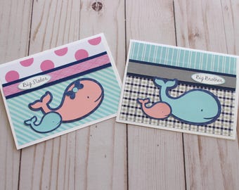 Custom New Sibling Card, Big Sister, Big Brother, New Baby Sister, New Baby Brother, Handmade Card, Baby Shower Card, Nautical Whale Card