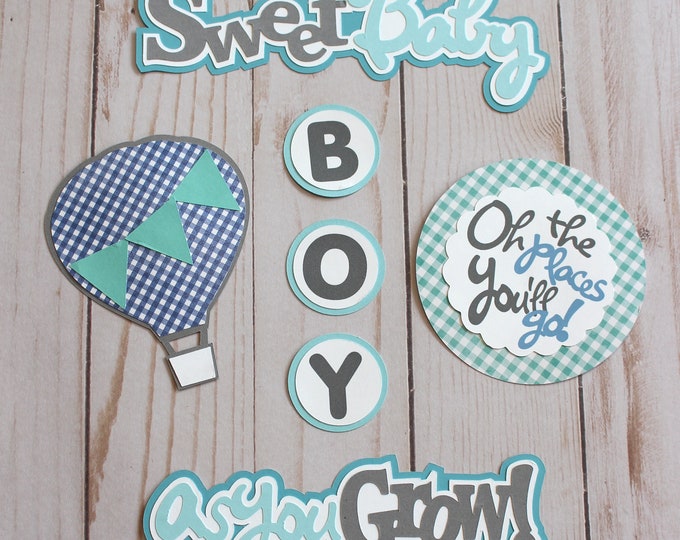 Baby Boy Die Cut Set, Set of 8 Layered Die Cuts, Scrapbook Embellishment, Hot Air Balloon, Baby Book, Handmade, Newborn Boy Aviation Theme