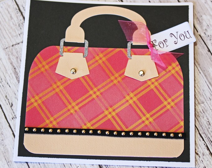 Any Occasion, Handbag Greeting Card, Mothers Day, Birthday for Her, Custom Designer Purse, Handmade Greeting, Pink and Black, Plaid Bling