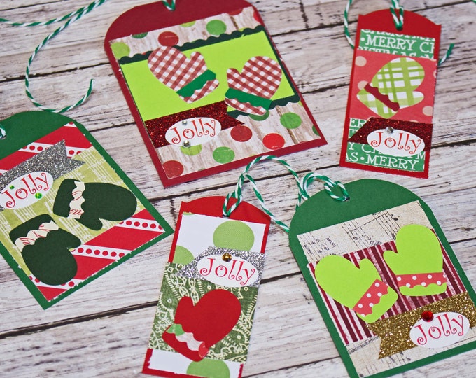 Set of 5, Assorted Christmas Gift Tags, Handmade Mitten Hang Tag, Present Wrap Embellishment, Holiday Gifts, Jolly Winter Snow, Knit Gloves