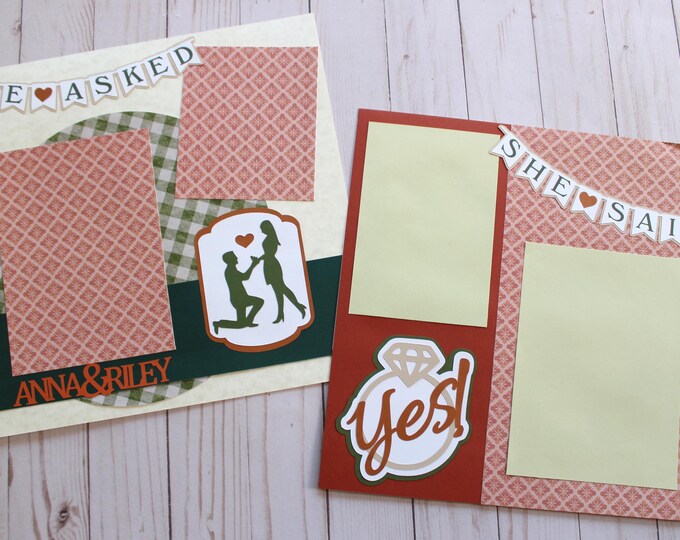 Custom Colors, Set of 3, Engagement Scrapbook Pages, Wedding Color Pages, He Asked She Said Yes, Engaged Premade Scrapbook Pages, 12x12 Size