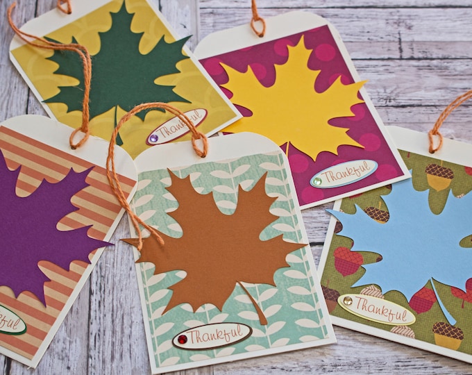 Set of 5, Large Fall Leaf Tags, Thanksgiving Gift Basket Tags, Holiday Tags, Handmade Tags, Large Gift Tag, Dinner Place Card, Thankful Tags