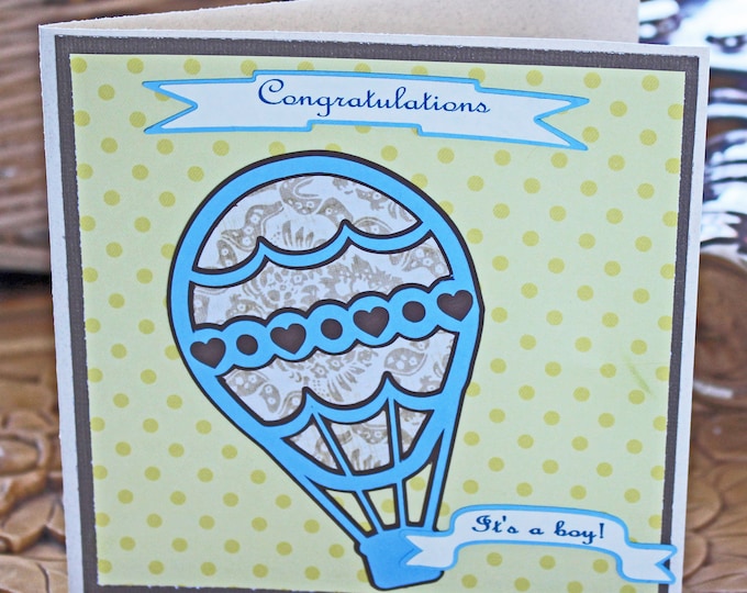 It's a Boy!, Hot Air Balloon Baby Card, Vintage Balloon Card, Hot Air Balloon, Handmade Card, Baby Boy Card, Baby Shower, Baby Boy Shower