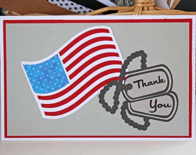 Customize Message, American Flag & Dog Tag Card, Hand made Patriotic, Miss You, Thank You, Honor Service Sacrifice, Welcome Home, Deployment