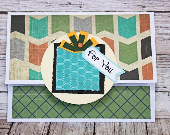 Birthday Gift Card Holder, Geometric Design, Masculine Money Card, Present Themed Card, Hand Made, Blue Green Black, Colorful Birthday Card