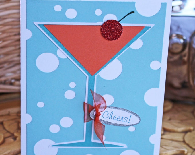 Martini Glass Card, Fruity Cocktail, Handmade Greeting, Any Celebration, Cheers Birthday Message, Pink Glitter, Bubbly Drink, Sophisticated