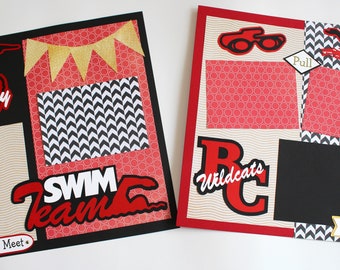 Any Color, Custom Designed, Swim Team Scrapbook Page Set, Premade 12x12 Swimming Pages, School Spirit Mascot, Personalized High School Pages