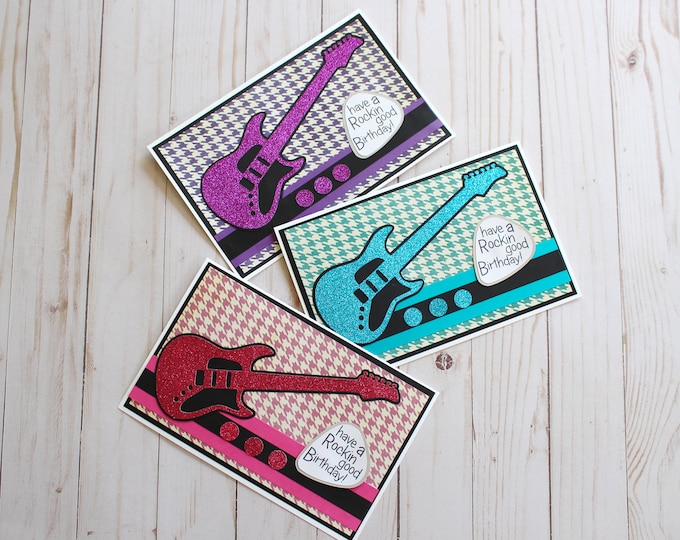 Electric Guitar Birthday Card, Feminine Masculine or Gender Neutral, Rock n Roll Birthday Card, Rocker Birthday, Handmade Guitarist Card