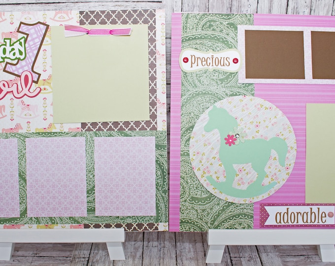 Handmade Scrapbook Page Set, Any Birthday, Little Girl, Custom Premade Kit, Personlized Memory Book, Rocking Horse, Antique Birthday Theme