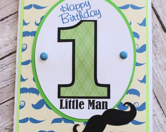 Any Age Birthday Number, Custom Birthday Card, Baby Toddler Boy, Handmade Birthday Card, Mustache Birthday Theme, Little Man Mister, Staches