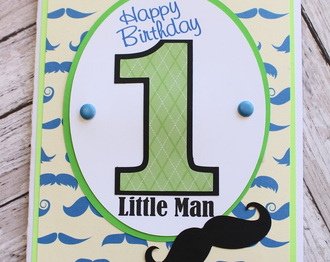 Any Age Birthday Number, Custom Birthday Card, Baby Toddler Boy, Handmade Birthday Card, Mustache Birthday Theme, Little Man Mister, Staches