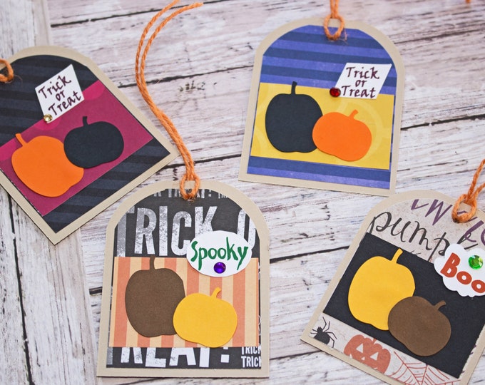 Halloween Pumpkin Tags, Set of 4 Hang Tags, Halloween Party Decor, Treat Bag, Name Tag, Pumpkin Gift Tag, Favor Tag, Trick or Treat Bag Tag