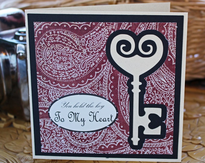 Antique Key to My Heart Card, Anniversary Card, Valentine Card, Love Card, Wedding Card, Handmade Card, Key to Heart, Card, Heart, Key, Card