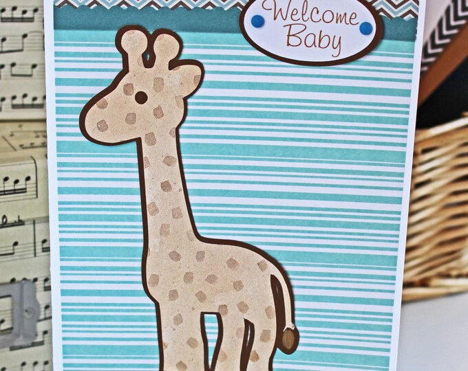 Baby Safari Animal Card,  Noah's Ark Theme Shower, Baby Boy Giraffe Card, Welcome Baby Boy Greeting, Hand Made Shower Gift, Baby Zoo Animal