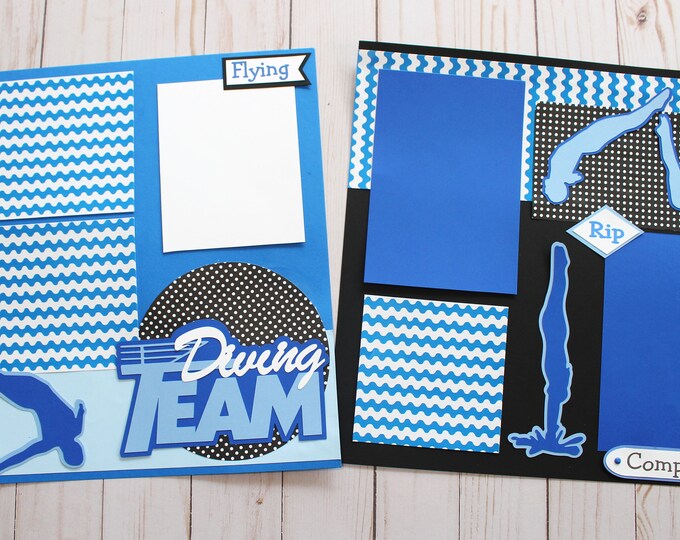 Any Colors, Custom Made, Diving Team Scrapbook Page Set, Premade Dive Team Pages, Personalized Gift, Team Mascot, High School, Club Diving