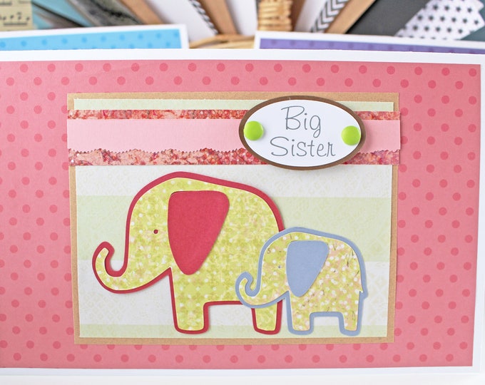 Custom, Big Sister Card, New Sibling Card, Baby Elephant, Handmade, Baby Shower, Newborn Congrat, Safari Animal, Noah's Ark, Baby Animal