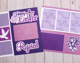 Happy Easter Page Set, 12x12 Easter Layout, Religious Scrapbook Pages, Easter Cross Premade Set, Rejoice Easter Lillies, 2 Page Easter Kit
