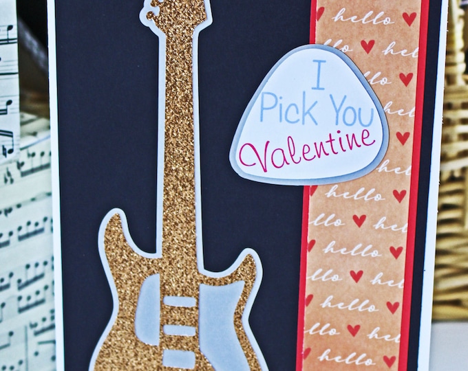 I Pick You Electric Guitar Valentine Card, Love Rock and Roll, Valentine's Day, Music, Gold Glitter, Electric Guitar, Guitar Pick, Valentine