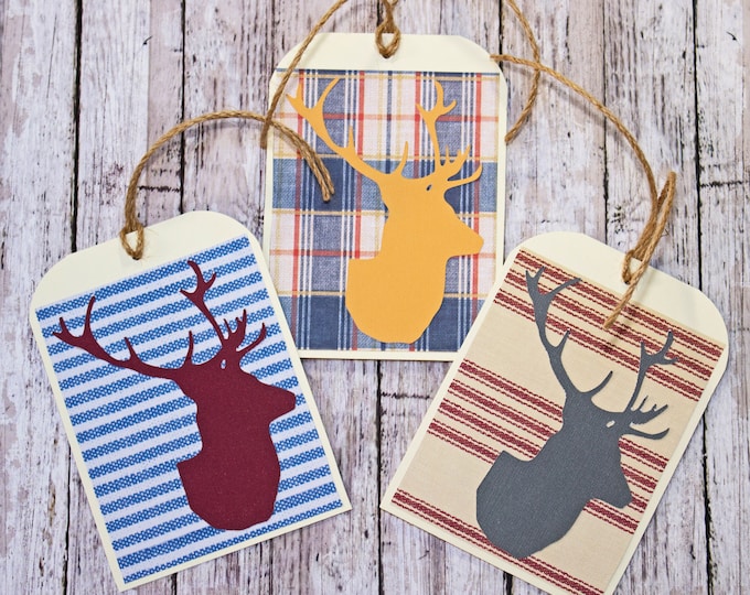 Set of 3, Large Stag Head Tags, Birthday Tags, Father's Day Tags, Handmade Gift Tag, Large Gift Tag, Deer Head, Elk Head, Buck Head, Antler