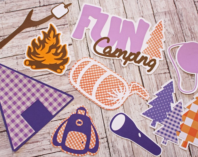 Camping Die Cuts, Custom Colors, 9 Piece Set, Layered Diecuts, Camp Scrapbook, Tent Camp Site Supplies, Campfire Smores, Handmade, Outdoors
