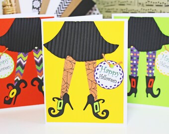 Set de 3, cartas de pierna de bruja, leggings de Halloween, tarjetas hechas a mano, tarjetas de Halloween, bruja de Halloween, tarjeta de bruja de Bruja, tarjetas de bruja de Halloween hechas a mano