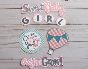 Baby Girl Die Cut Set, Set of 8 Layered Die Cuts, Scrapbook Embellishment, Hot Air Balloon, Baby Book, Handmade, Newborn Girl Aviation Theme