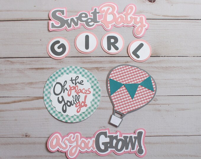 Baby Girl Die Cut Set, Set of 8 Layered Die Cuts, Scrapbook Embellishment, Hot Air Balloon, Baby Book, Handmade, Newborn Girl Aviation Theme