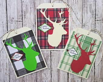 Set of 3, Large Stag Head Tags, Christmas Tags, Gift Tags,  Holiday Tag, Handmade Tags, Large Gift Tag, Deer Head, Elk Head, Buck Head, Wrap
