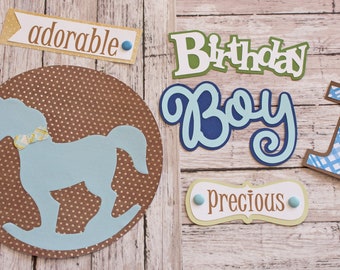 Birthday Boy, Any Age, Set of 6 Layered Die Cuts, Scrapbook Embellishment, Rocking Horse, Baby Book, Handmade, Little Boy, Antique Toy Theme