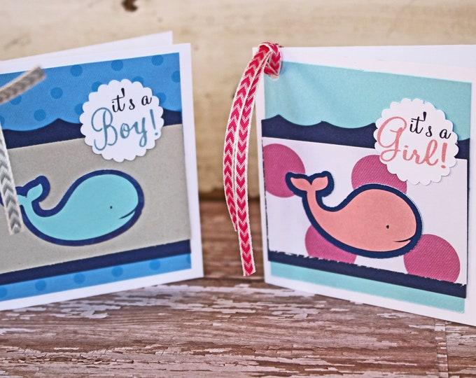 Set of 4, Boy or Girl, Baby Whale Gift Tag Set, Handmade Hanging Cards, Favor Tag, Sea Animal, Nautical Baby Shower, Whale Theme Decor, Mini