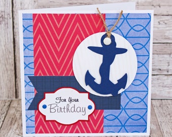 Nautical Birthday Card, Handmade Nautical Card. Patriotic Birthday Greeting, Nautical Anchor Card, Birthday Card for Sailor, Sea Themed Gift