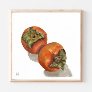 Persimmons- Original Ink/Watercolor Art Print- Cantaloupe Art Print- Summer Fruit Painting- Kitchen Art- Wall Art- Food Art- Fruit Art Print