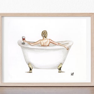 Self Care - Original Ink/Watercolor Art Print - Wall Decor - Bathroom Decor - Feminist Art - Blonde - Self Love - Vintage Bathtub